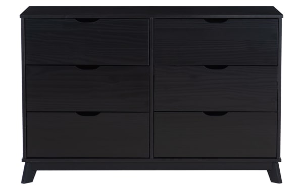 Phoebe Black 6 Drawer Solid Wood Dresser in transitional style, made of solid pine and MDF, featuring a black finish and cut-out handles for a sleek look.