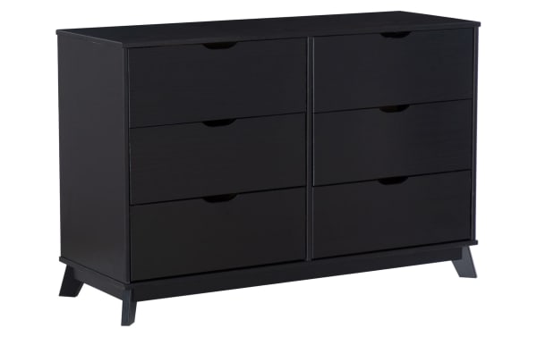 Phoebe Black 6 Drawer Solid Wood Dresser in transitional style with solid pine and MDF, featuring spacious drawers and cut-out handles for a sleek look.