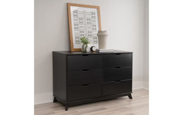Phoebe Black 6 Drawer Solid Wood Dresser in transitional style with solid pine and MDF, featuring six spacious drawers and cut-out handles.
