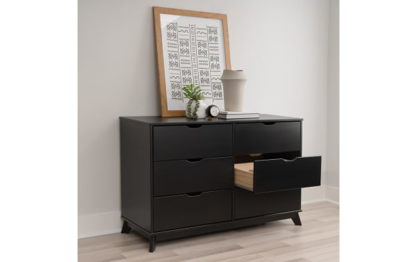 Phoebe Black 6 Drawer Solid Wood Dresser in transitional style with solid pine frame, MDF drawers, cut-out handles, and matte black finish.