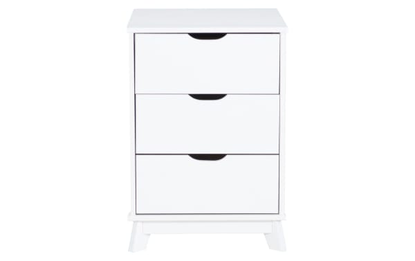 White Phoebe 3 Drawer Nightstand in transitional style with solid pine and MDF construction, featuring three spacious drawers and cut-out handles.