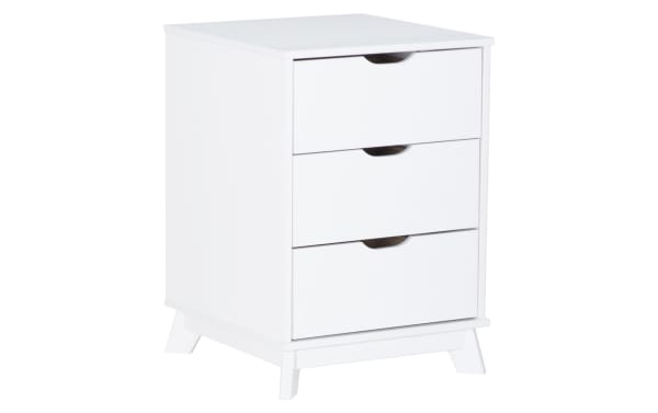 Phoebe White 3 Drawer Nightstand in transitional style with solid pine and MDF construction, featuring three spacious drawers and cut-out handles.