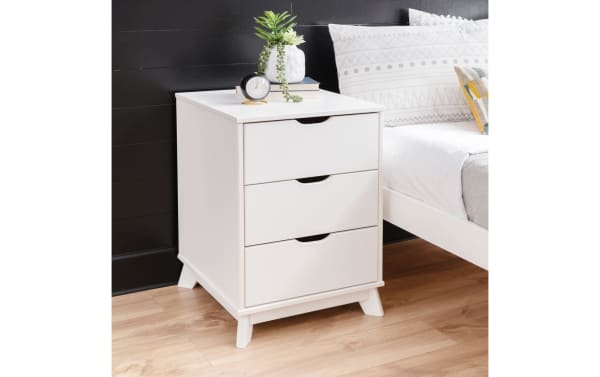 Phoebe White 3 Drawer Nightstand in transitional style with solid pine and MDF construction, featuring a clean white finish and cut-out handles for a sleek look.