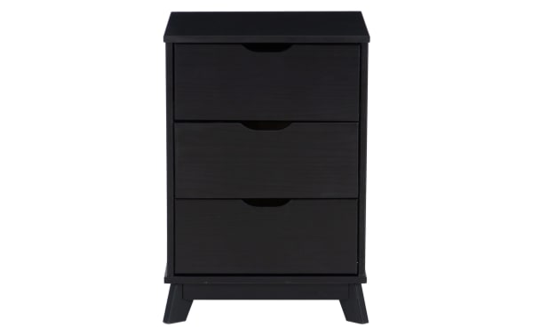 Phoebe Black 3 Drawer Nightstand in transitional style with solid pine and MDF construction, featuring three spacious drawers and cut-out handles.
