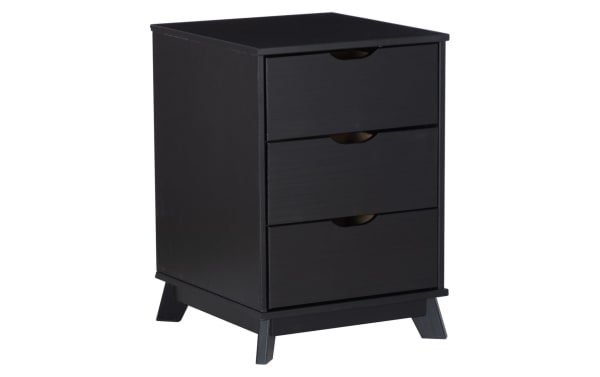 Phoebe Black 3 Drawer Nightstand in transitional style with solid pine and MDF construction, featuring three spacious drawers and cut-out handles.