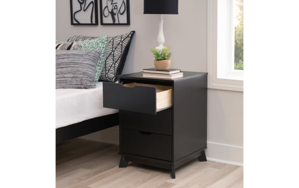Phoebe Black 3 Drawer Nightstand in transitional style with solid pine and MDF, featuring three spacious drawers and cut-out handles for sleek storage.