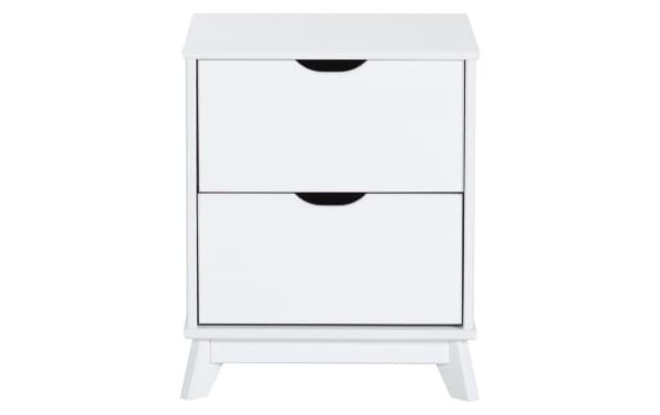 Phoebe White 2 Drawer Nightstand in transitional style with solid pine and MDF construction, featuring two spacious drawers and cut-out handles.