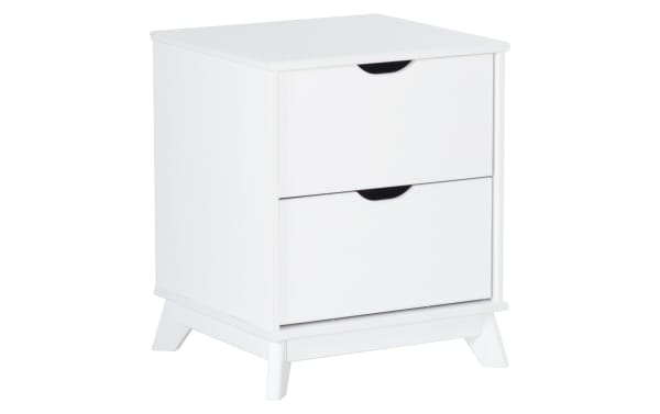 Phoebe White 2 Drawer Nightstand in transitional style with solid pine and MDF construction, featuring two spacious drawers and cut-out handles.
