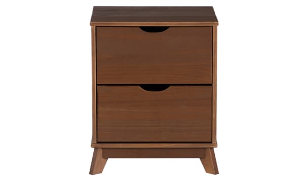 Phoebe Walnut 2 Drawer Nightstand in transitional style with solid pine and MDF construction, walnut finish, cut-out handles, and spacious drawers for organization.