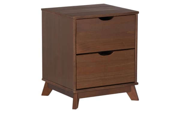 Phoebe Walnut 2 Drawer Nightstand in transitional style with solid pine and MDF construction, walnut finish, cut-out handles, and spacious drawers for organization.