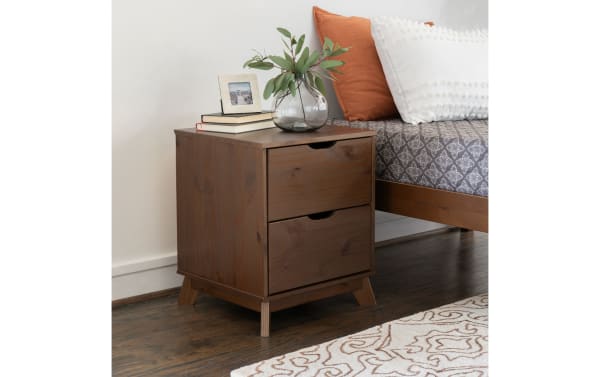 Phoebe Walnut 2 Drawer Nightstand in transitional style, made of solid pine and MDF with walnut finish, featuring two spacious drawers and cut-out handles.