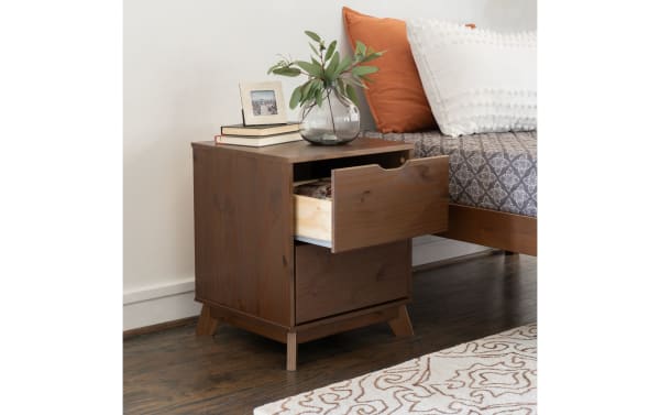 Phoebe Walnut 2 Drawer Nightstand in transitional style with solid pine and MDF construction, walnut finish, cut-out handles, and spacious drawers for organized storage.