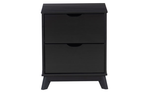 Phoebe Black 2 Drawer Nightstand in solid pine and MDF with cut-out handles, transitional style, black finish, and spacious storage drawers.