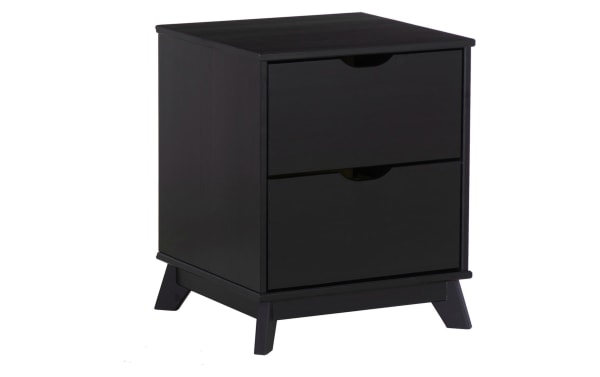 Phoebe Black 2 Drawer Nightstand in transitional style, solid pine and MDF, black finish, with cut-out handles and spacious drawers for organized storage.