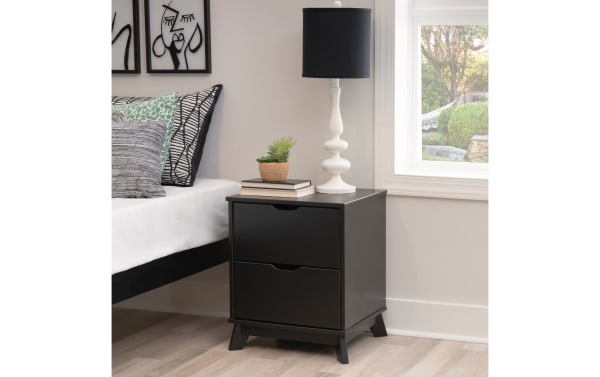 Phoebe Black 2 Drawer Nightstand in transitional style, solid pine and MDF, black finish, two spacious drawers with cut-out handles, sturdy frame.