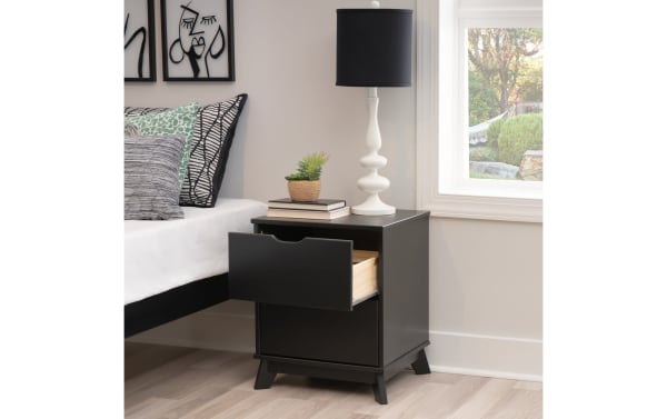 Phoebe Black 2 Drawer Nightstand in transitional style with solid pine and MDF construction, featuring two spacious drawers and cut-out handles.