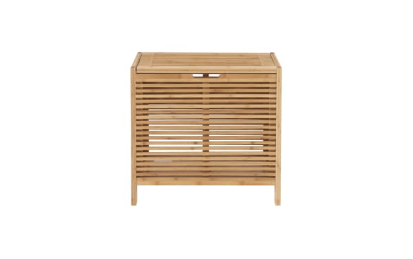 Branson Natural Hamper in transitional style, made of natural bamboo with a slatted design and wide top lid featuring an easy-open safety hinge.