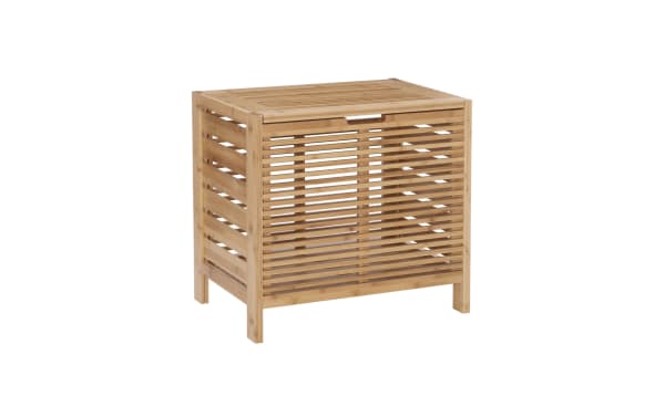 Branson Natural Hamper in transitional style, made of natural bamboo with slatted sides and wide top lid featuring an easy-open safety hinge for laundry storage.
