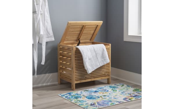 Branson Natural Hamper in transitional style, made of natural bamboo with a slatted design, wide top lid, and easy-open safety hinge for laundry storage.