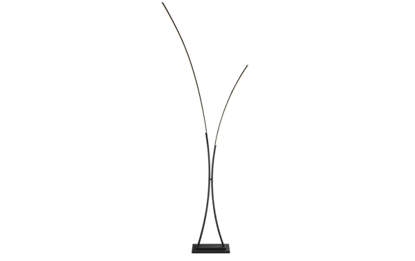 Lyon 85'' black metal LED floor lamp with contemporary curved dual arms, aluminum and acrylic diffuser, and four-way dimming foot switch.