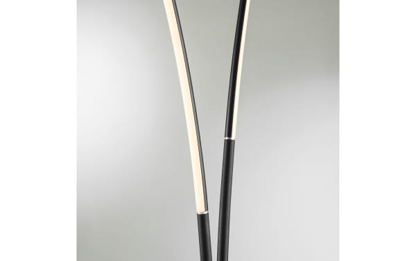 Contemporary Lyon 85'' black metal LED floor lamp with slender curved design, aluminum-acrylic diffuser, and four-way dimming foot switch.