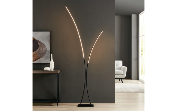 Lyon 85'' black metal LED floor lamp with sleek curved arms, aluminum and acrylic diffuser, contemporary style, and four-way dimming foot switch.