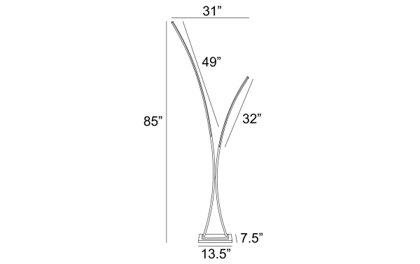 Lyon 85" black metal LED floor lamp with contemporary curved design, aluminum and acrylic diffuser, 4-way dimming, and 13.5" x 7.5" base.
