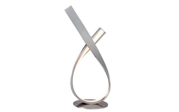 Cadiz Brushed Nickel LED Table Lamp with sleek ribbon-shaped metal design, contemporary style, and integrated warm white LED lighting for modern decor.