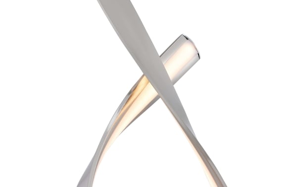 Contemporary Cadiz Brushed Nickel LED Table Lamp with sleek metal ribbon design and integrated warm LED lighting for modern home decor.
