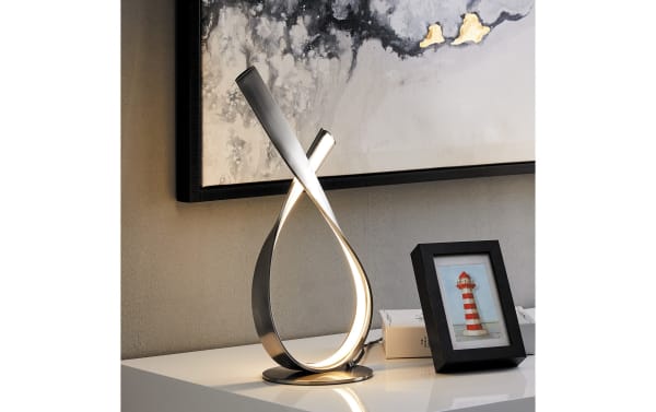 Contemporary Cadiz Brushed Nickel LED Table Lamp with sleek metal ribbon design and integrated warm white LED lighting for modern decor.