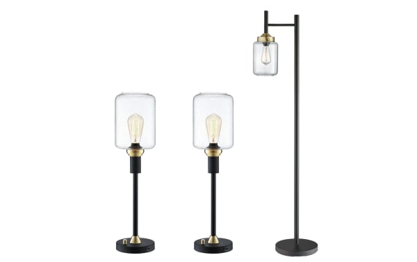 Campana 3 Piece Black Floor & Table Lamp Set with contemporary metal and glass design, antique brass accents, seeded glass shades, and Edison bulbs.