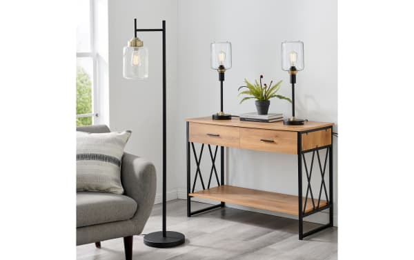 Campana 3 Piece Black Floor & Table Lamp Set with metal frames, clear seeded glass shades, antique brass accents, and Edison bulbs in contemporary style.