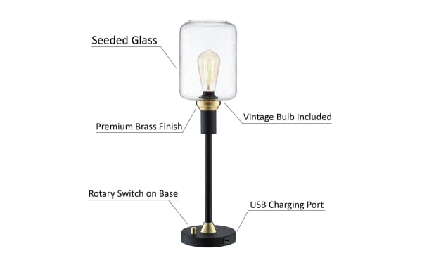 Contemporary Campana lamp with black metal base, seeded clear glass shade, vintage Edison bulb, antique brass accents, rotary switch, USB port.