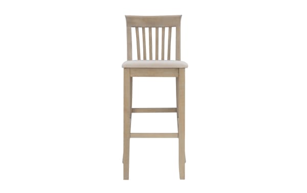 Beige Craftsman Slat Back Bar Height Stool with traditional mission-back design, padded polyester seat, rubberwood and MDF frame, rustic finish.