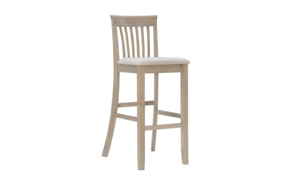 Craftsman Beige Slat Back Bar Height Stool with padded polyester fabric seat, traditional mission-back design, rubberwood and MDF frame, beige finish.