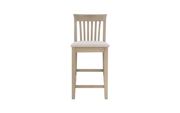 Beige Craftsman Slat Back Counter Height Stool with padded polyester fabric seat, traditional mission style, rubberwood and MDF frame, rustic finish.