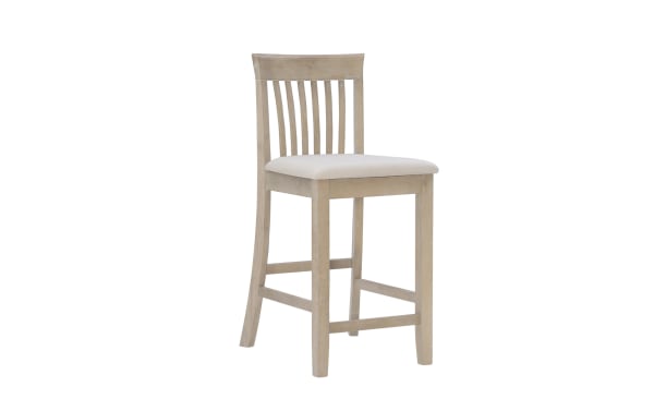 Beige Craftsman slat back counter height stool with padded polyester fabric seat, solid rubberwood frame, and traditional mission style.