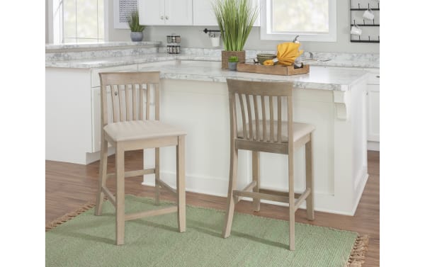 Beige Craftsman Slat Back Counter Height Stool with padded polyester fabric seat, traditional mission-back style, rubberwood and MDF frame, rustic finish