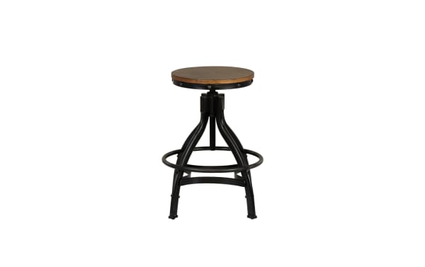 Hadley Brown Backless Adjustable Stool from Hadley collection, industrial style with round wood seat, black steel frame, rivet details, and footrest.