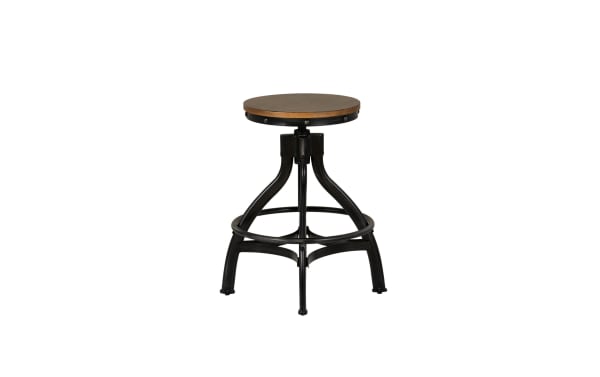 Hadley Brown Backless Adjustable Stool from Hadley collection, featuring industrial style with brown MDF seat, black steel frame, rivet details, and round footrest.