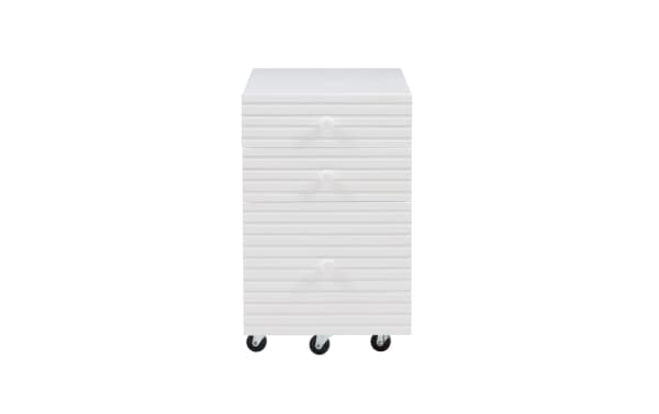 Contemporary Rylan White 2 Drawer File Cabinet with rubberwood and MDF construction, featuring two small top drawers, one large file drawer, and rolling casters.