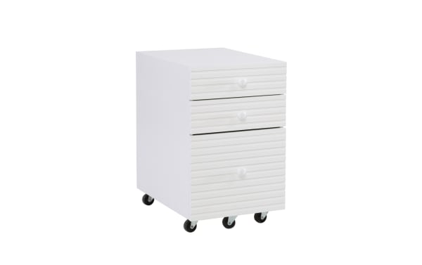 Contemporary Rylan White 2 Drawer File Cabinet with rubberwood and MDF construction, featuring two small drawers, one large filing drawer, and rolling casters for mobility.