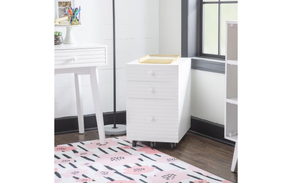 Contemporary Rylan White 2 Drawer File Cabinet in rubberwood and MDF, featuring mid-century style, rolling casters, and ample file storage.