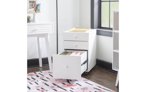 Contemporary Rylan White 2 Drawer File Cabinet in rubberwood and MDF with rolling casters, two small drawers, and one large hanging file drawer.