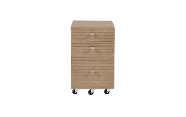Contemporary Rylan Natural 2 Drawer File Cabinet in rubberwood and MDF with rolling casters, mid-century modern style, and textured drawer fronts.