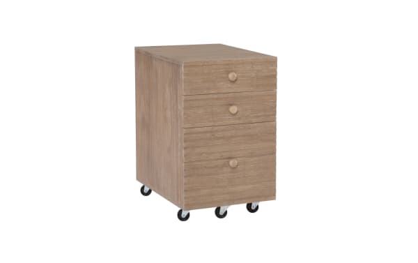 Rylan Natural 2 Drawer File Cabinet in rubberwood and MDF with mid-century modern style, natural wood finish, rolling casters, and ample file storage.