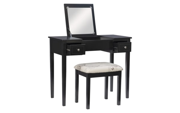 Vida Black 2 Drawer Vanity Set with lift-top mirror, black rubberwood frame, beige butterfly-printed fabric stool, traditional style