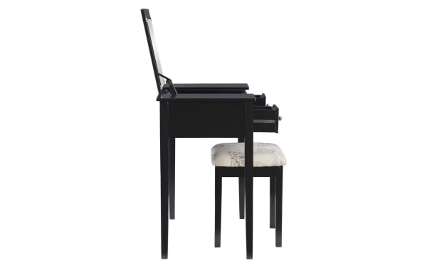 Vida Black 2 Drawer Vanity Set in traditional style with black rubberwood frame, beige butterfly-print polyester fabric stool, lift-top mirror, and cord management panel.