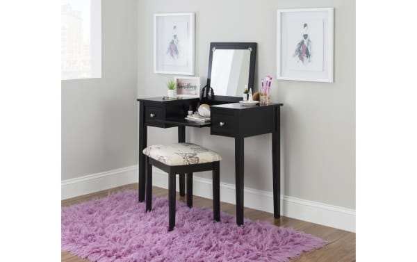 Traditional Vida Black 2 Drawer Vanity Set with beige butterfly-printed cushioned stool, solid rubberwood, MDF, plywood, mirror, and fabric upholstery.