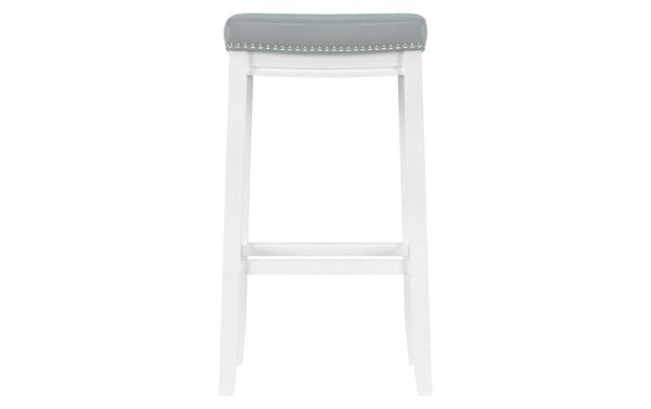 Ryann Light Gray Faux Leather Backless Bar Height Stool with nailhead trim, padded polyester fabric seat, and white rubberwood legs in contemporary style.